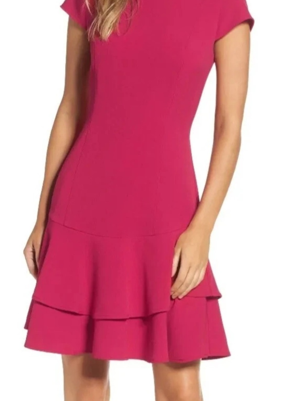 Eliza J Ruffle Hem Short Cap Sleeve Crepe Dress Berry/Red Barbie Size 14